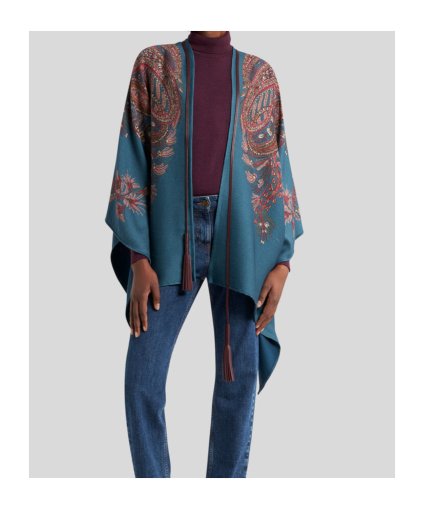 Etro Floral Paisley Wool-blend Cape In Blue