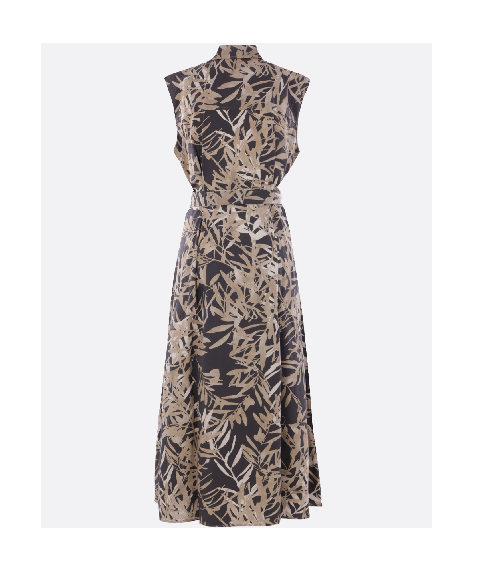 Brunello Cucinelli Leaf-print Sleeveless Cotton Dress In Black