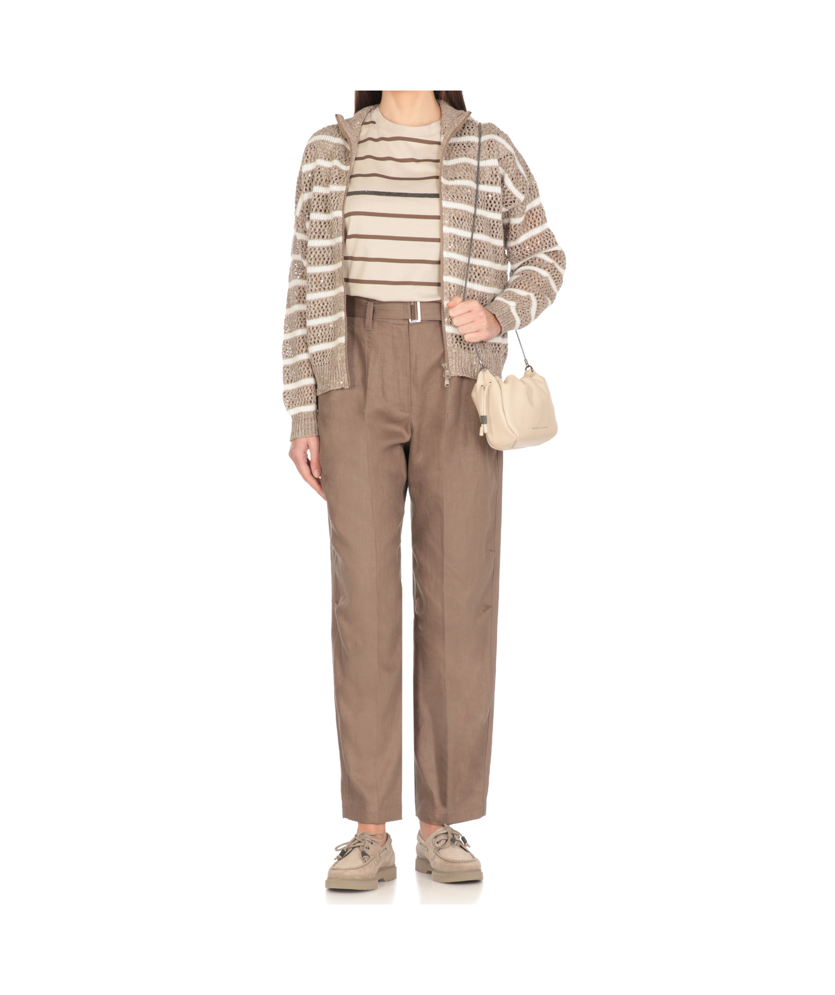 Brunello Cucinelli Beige Cardigan With High Neck And All-over Striped Motif In Linen Blend Woman In Nude
