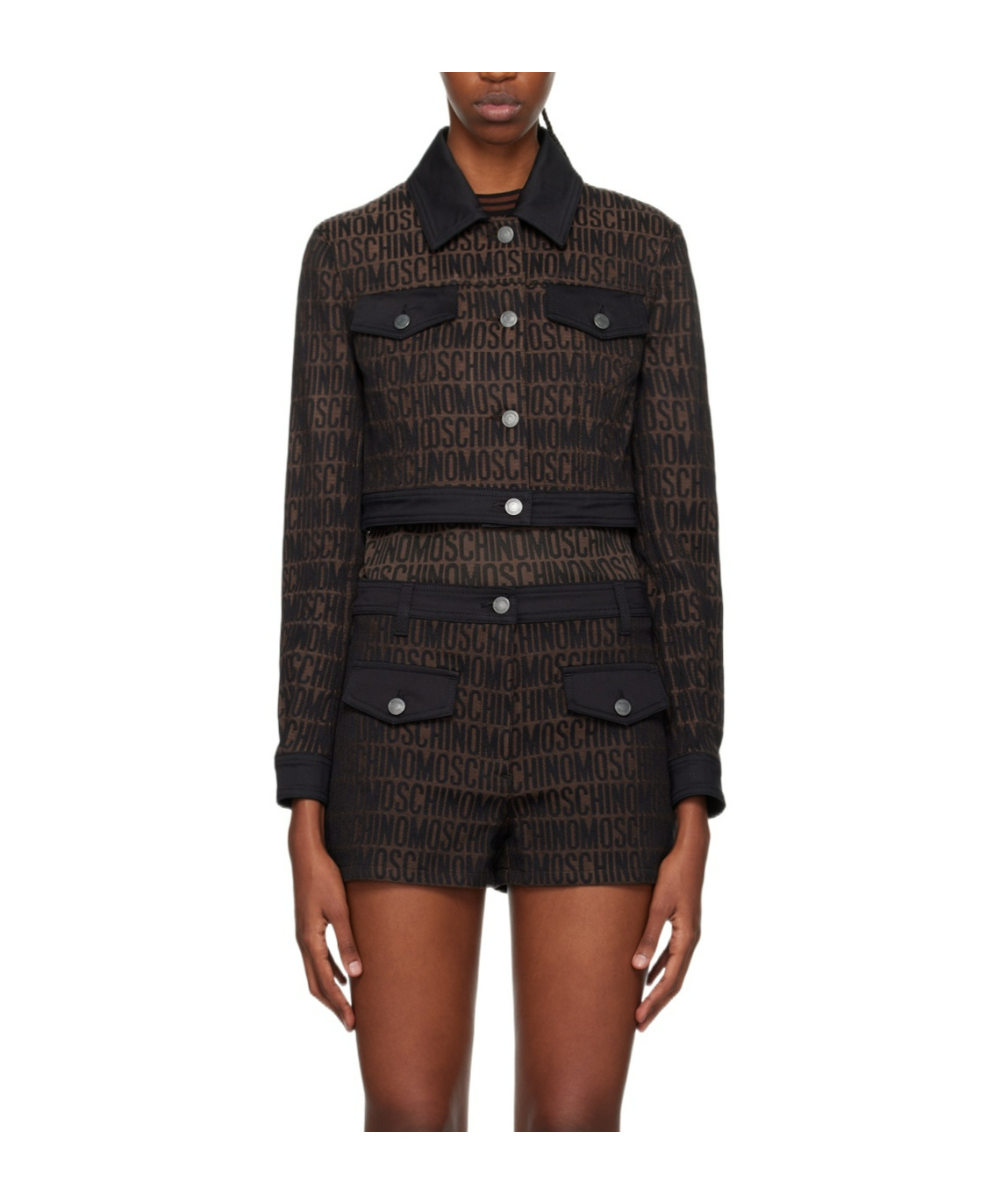 Moschino Monogram Printed Cropped Buttoned Jacket In Black