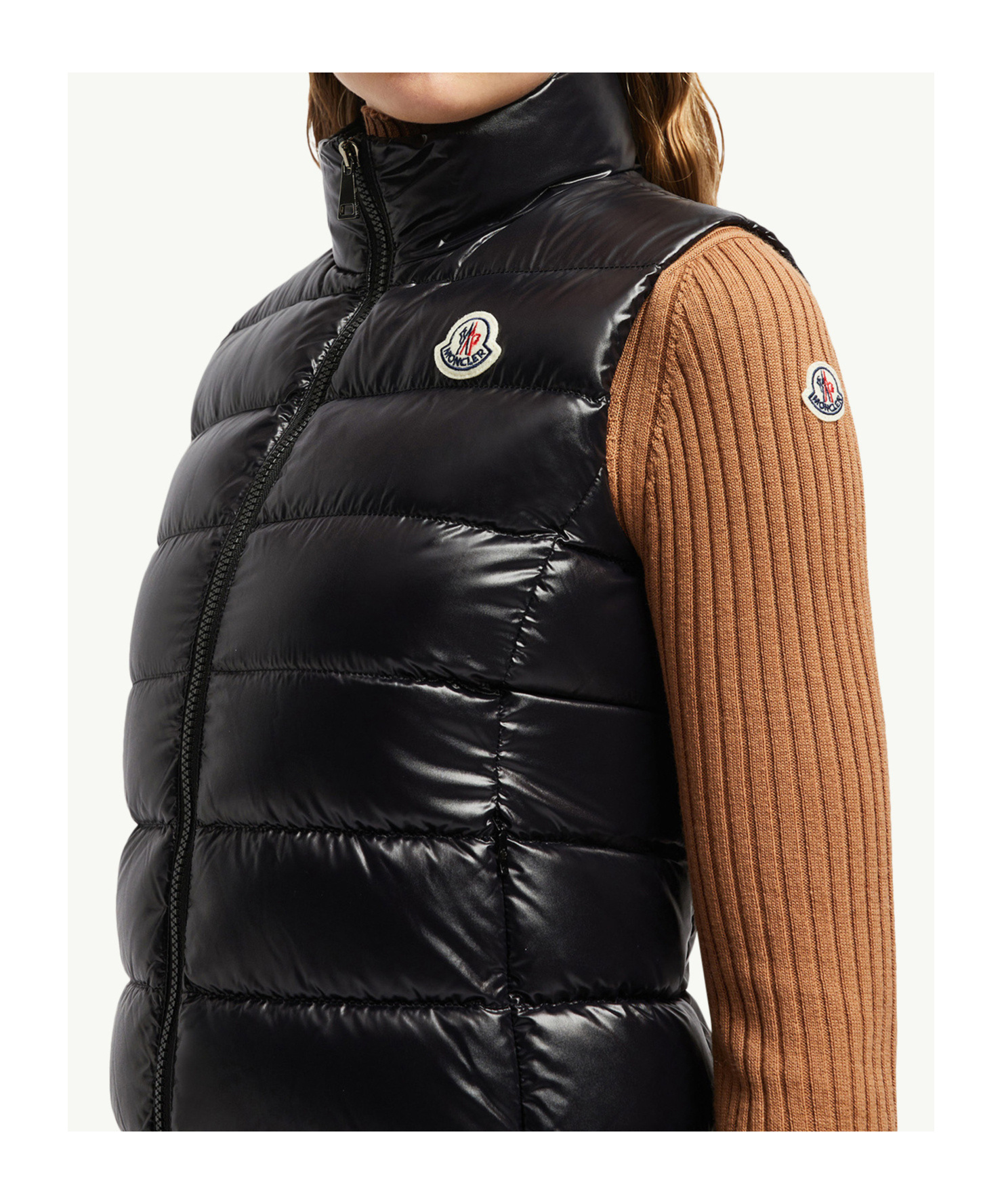 Moncler Womens Full Zipper Sleeveless Puffer Vest Jacket Shiny Black In Black