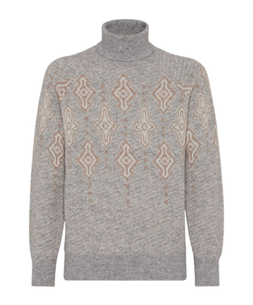 Brunello Cucinelli Geometric Jacquard Turtleneck Sweater In Gray