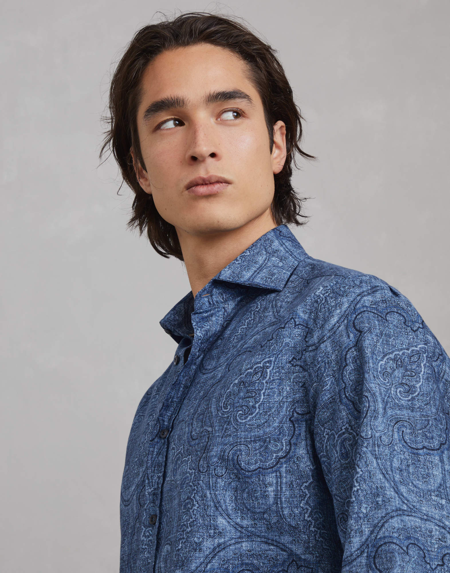 Shop Brunello Cucinelli Patterned Jacquard Cotton Shirt In Blue