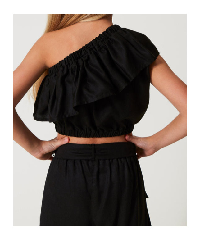Twinset Slated Shoulder Top With Flounce In Black