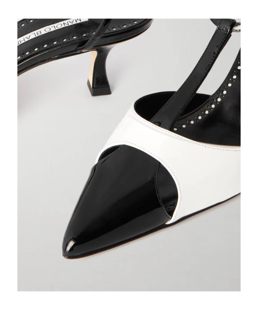 Manolo Blahnik Turgimod Bicolor Patent Leather T-strap Pumps In Black
