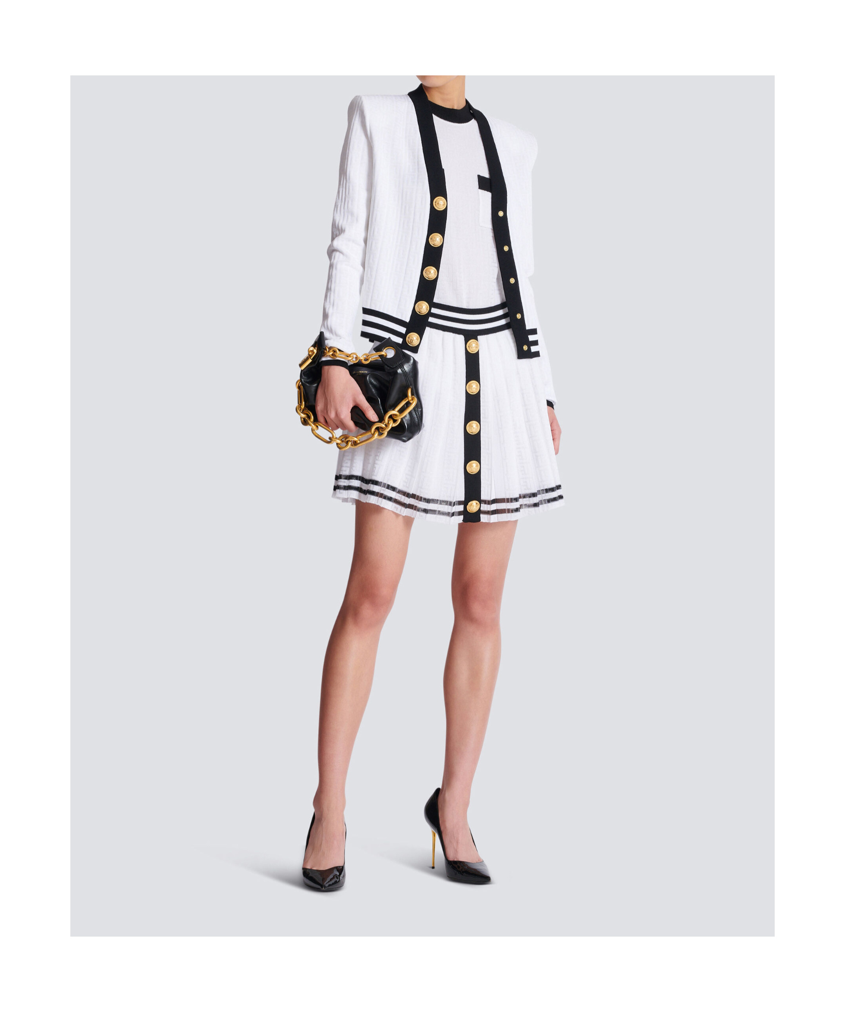 Balmain Two-tone Monogrammed Knit Cardigan In White