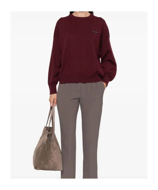Brunello Cucinelli Crew Neck Cashmere Sweater With Embroidered Detail In Red