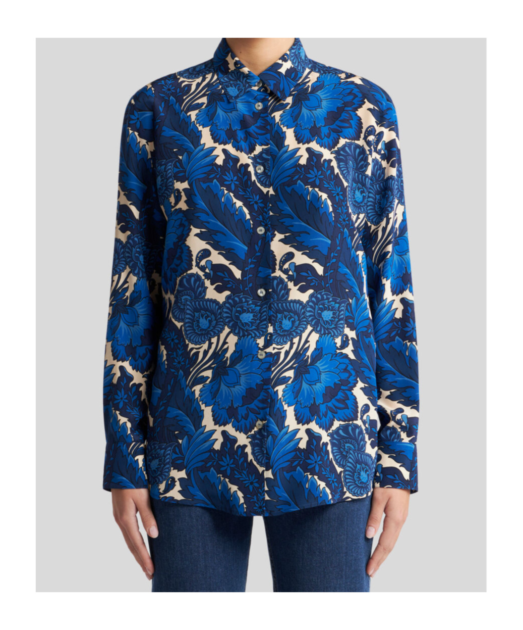 Shop Etro Silk Shirt With Maxi Floral Print In Blue