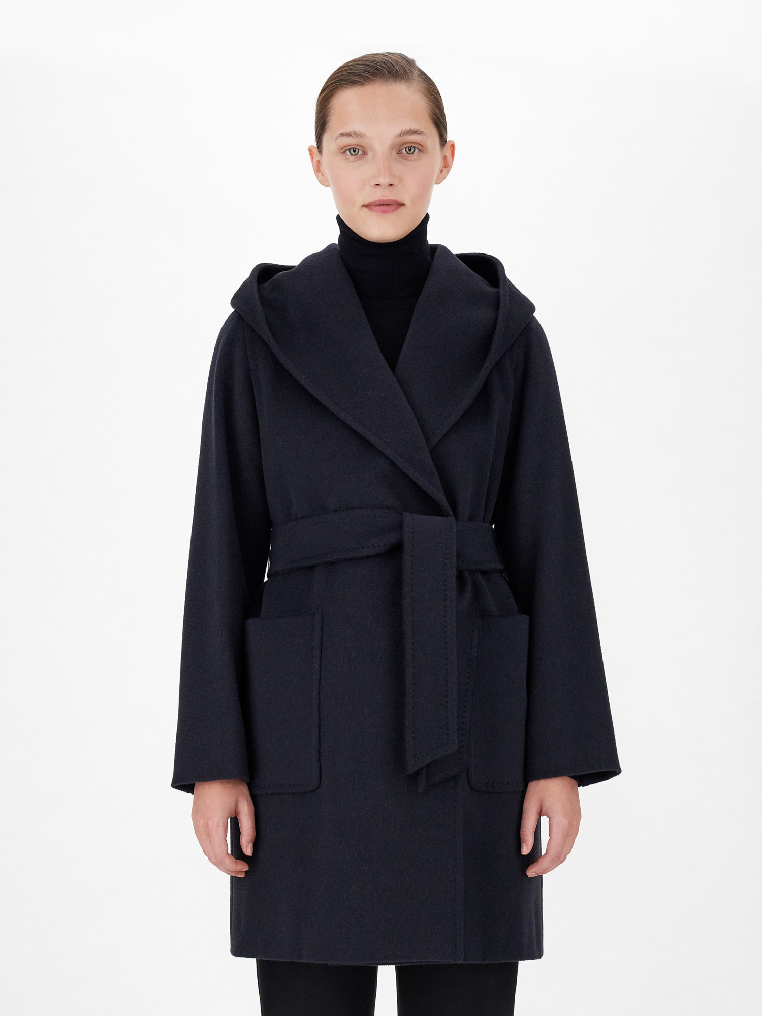 Max Mara Navy Blue Rialto Camel Wool Robe Coat In Black