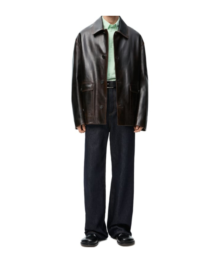 Loewe Anagram Leather Zip-up Overshirt In Black