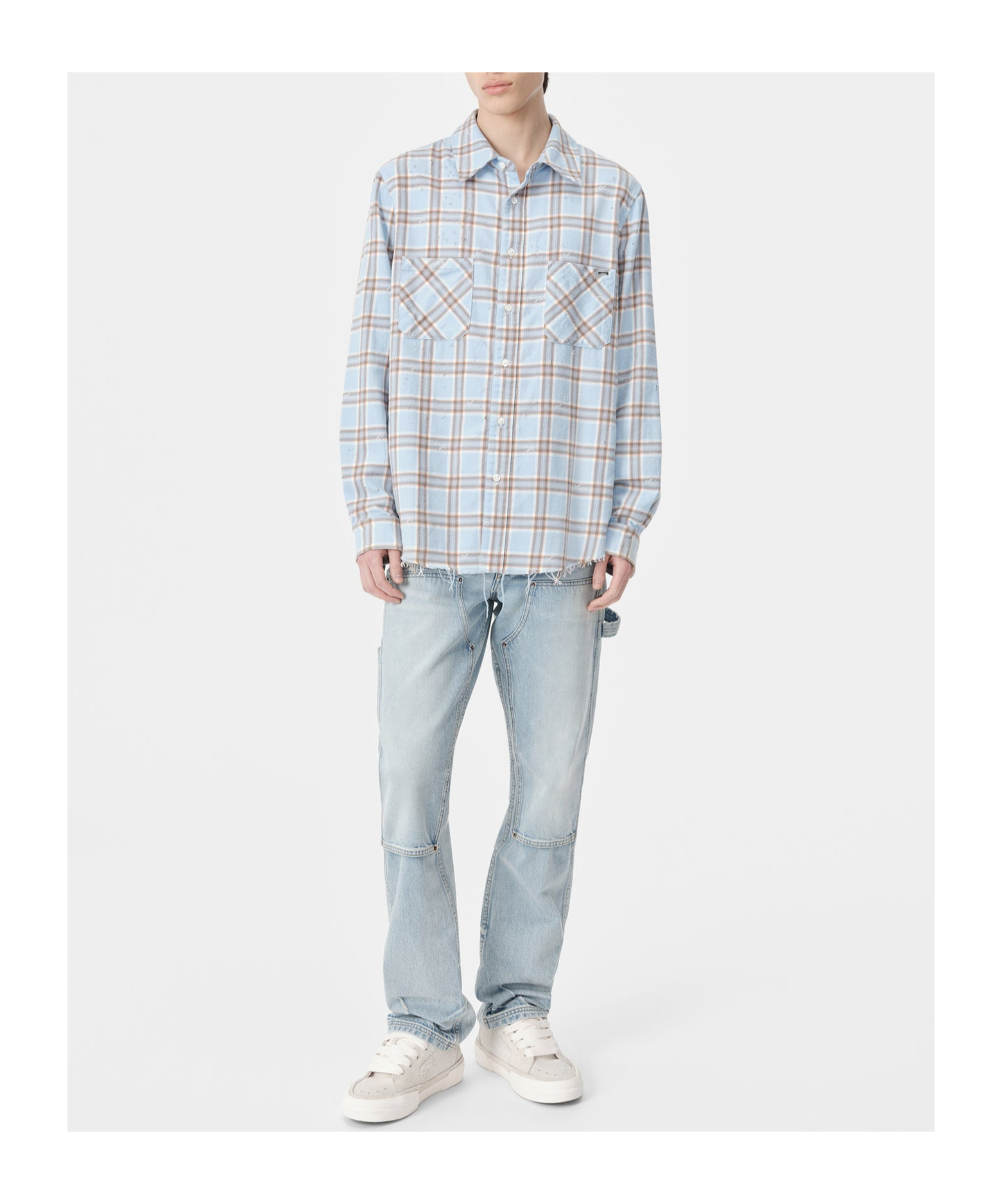 Amiri Mens Sea Blue Shotgun Distressed Regular-fit Cotton Flannel Shirt In Gray