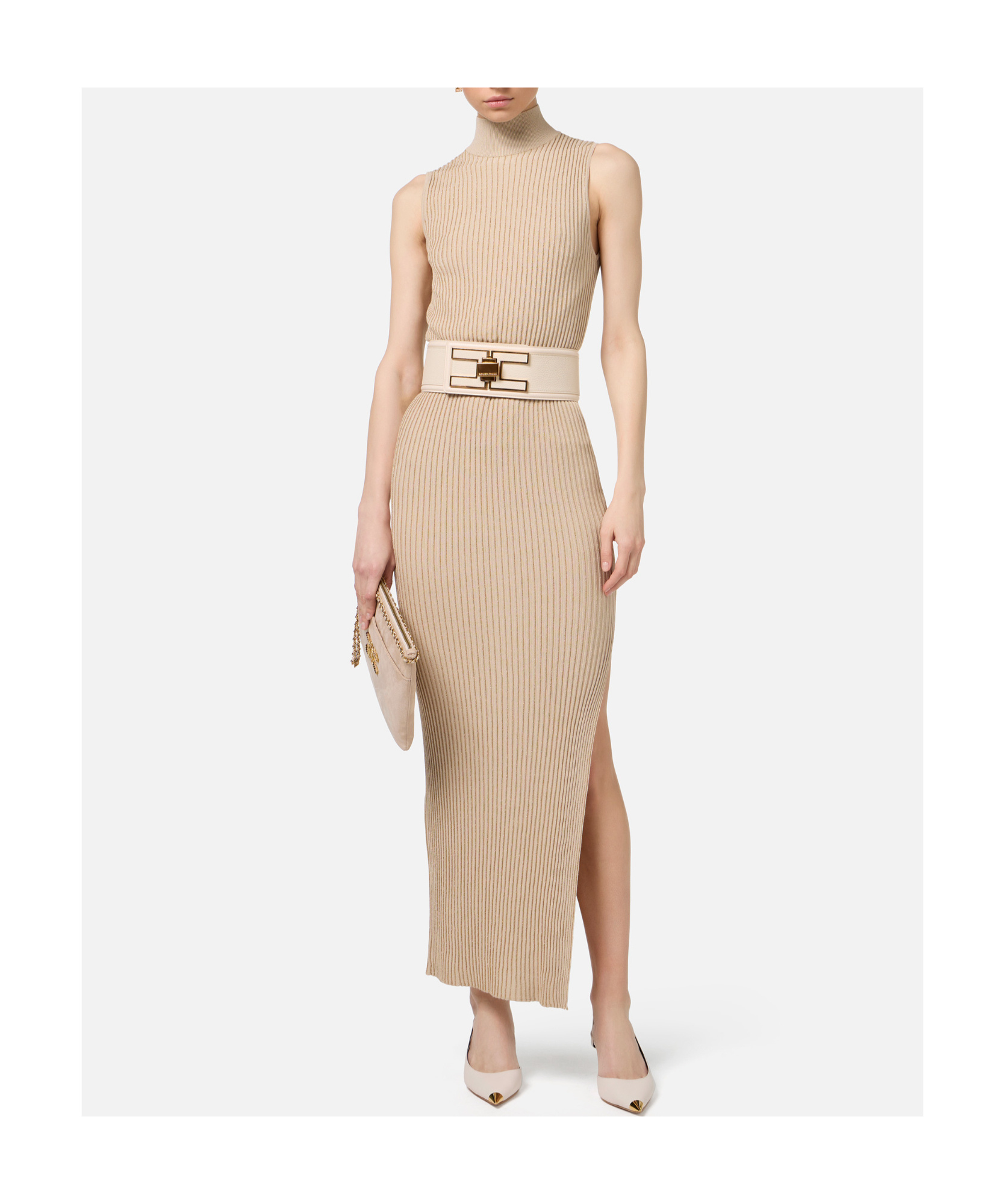 Elisabetta Franchi Ribbed High-neck Maxi Dress In Nude