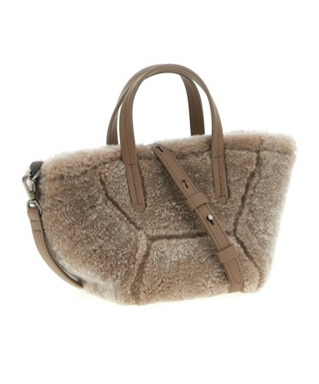 Brunello Cucinelli Shearling Leather Tote Bag In Gray
