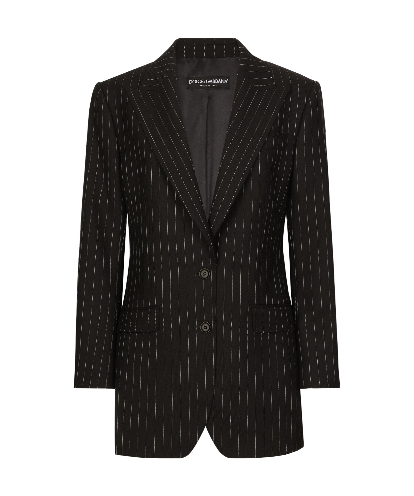Dolce & Gabbana Vertical Striped Wool Suit With Buttoned Hems In Black