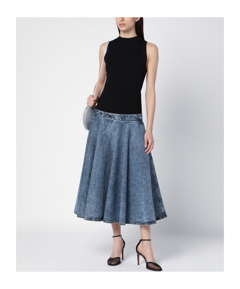Shop Alaïa Denim-panel Midi Skirt In Blue