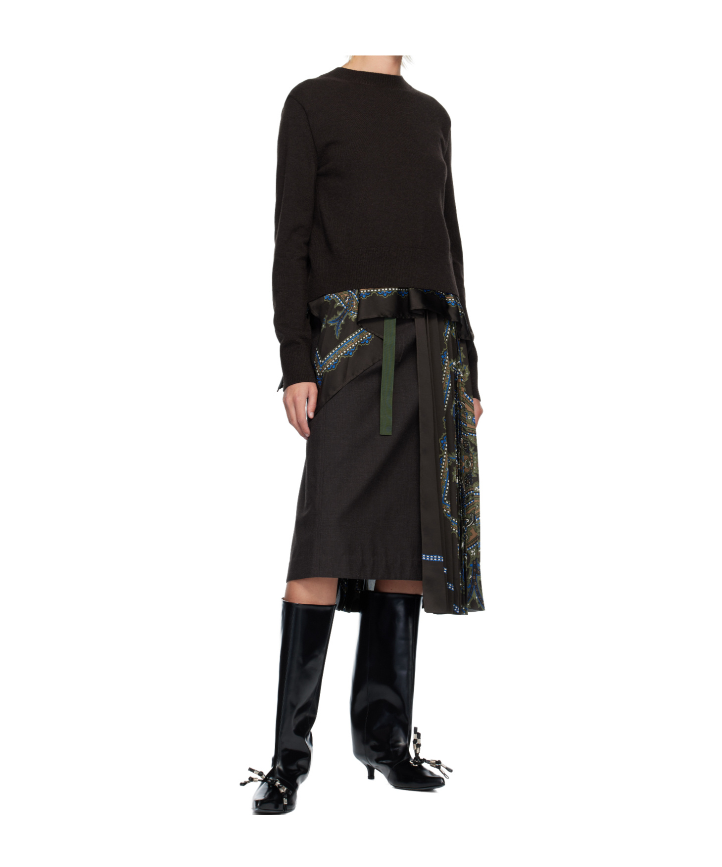 Sacai Paisley-print Panel Sweater In Brown