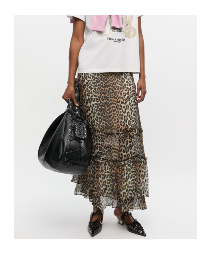 Ganni Animal Print Flared Layered Leopard Skirt In Brown