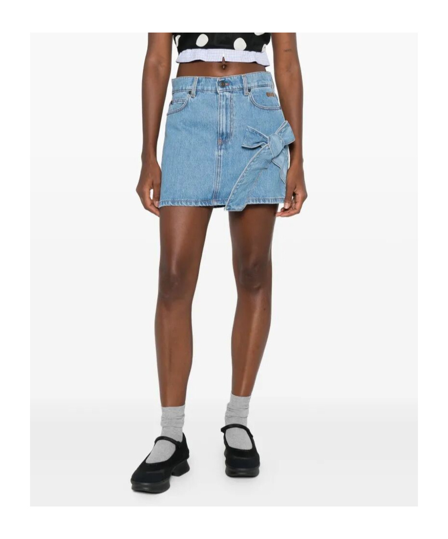 Msgm Bow-detail Denim Mini Straight Skirt In Blue