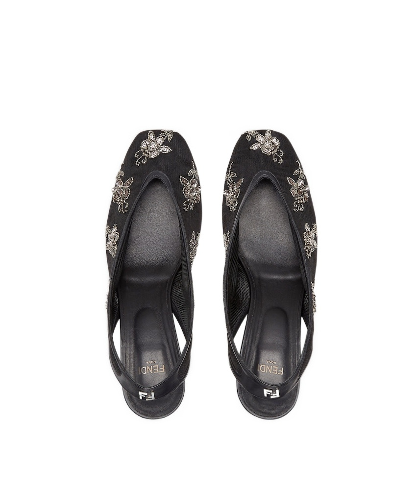 Fendi Black Mesh Low-heeled Slingbacks With Embroidery
