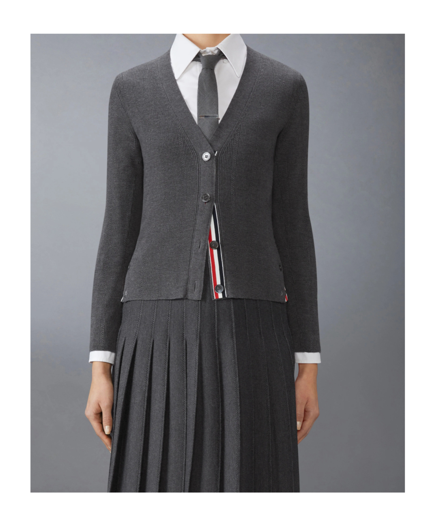Thom Browne Pointelle Ribbed Knit Cardigan In Gray