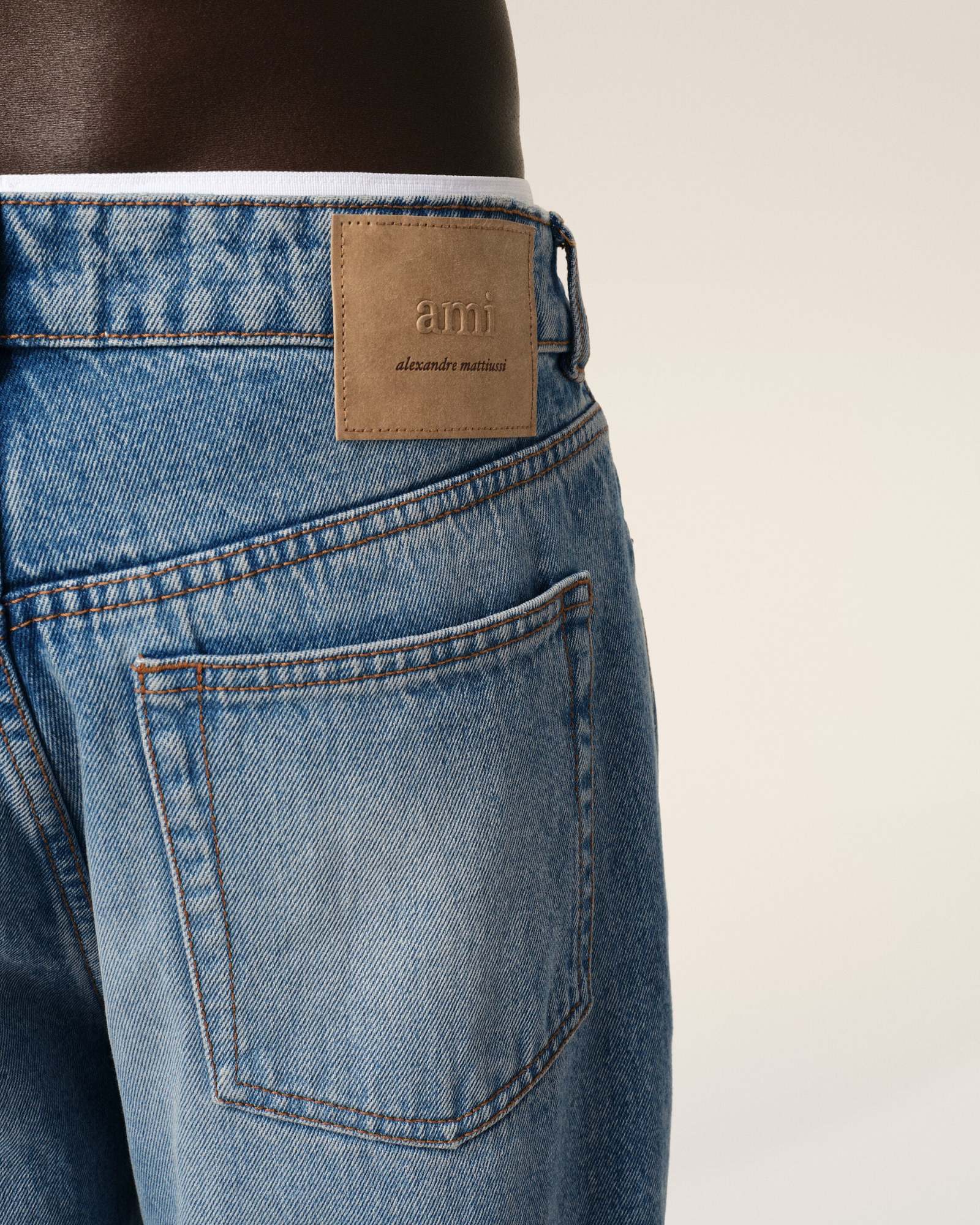 Ami Alexandre Mattiussi Ami Straight-leg Denim Jeans With Faded Blue Wash And Leather Accent