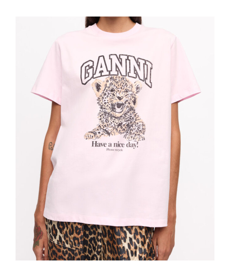 Ganni Crew Neck Graphic Print Relaxed Fit Tops In Pink