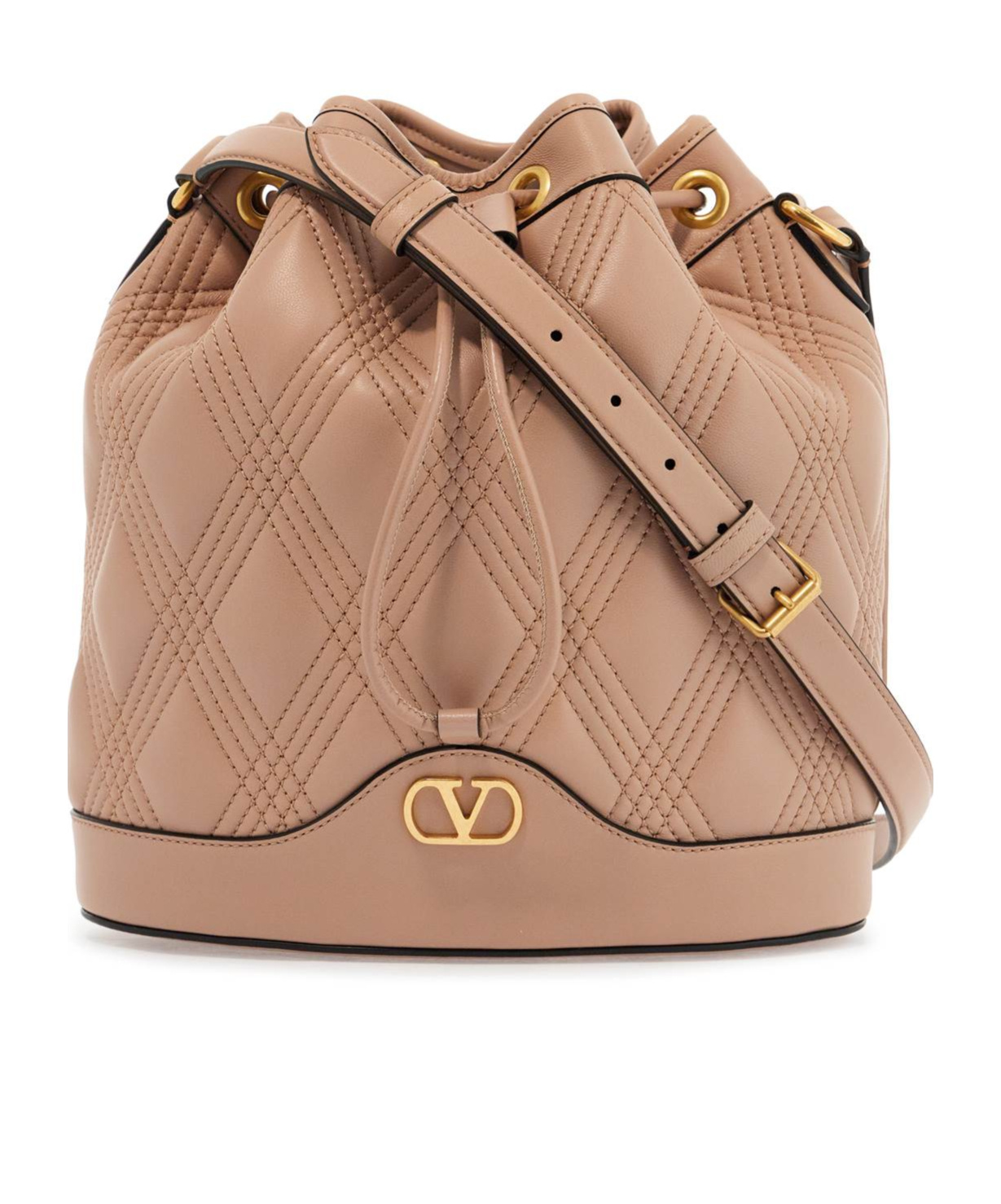 Valentino Garavani Quilted Pink Leather Bucket Crossbody Bag With Golden Details