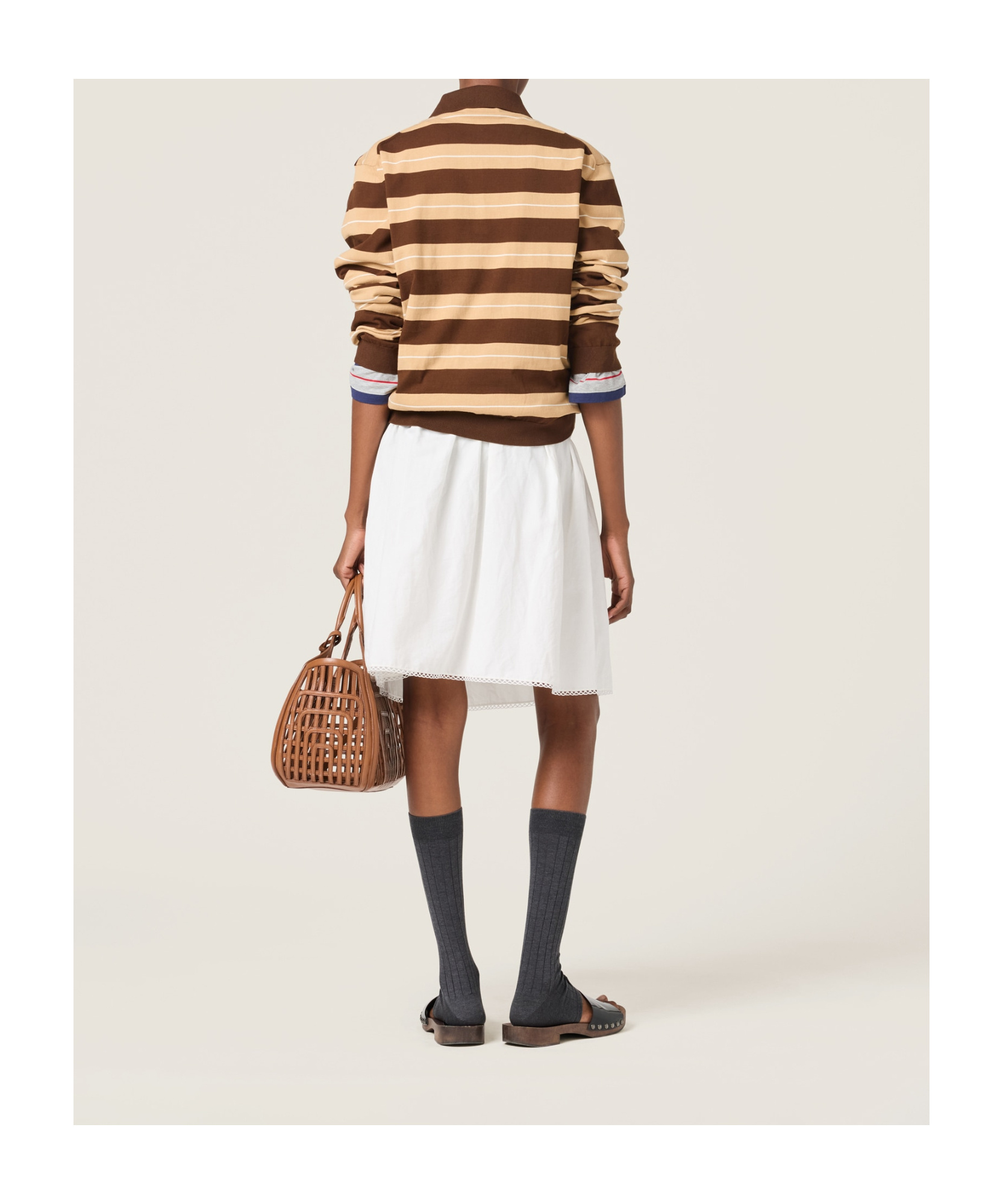 Miu Miu Striped Cotton Knit Long-sleeve Polo In Brown
