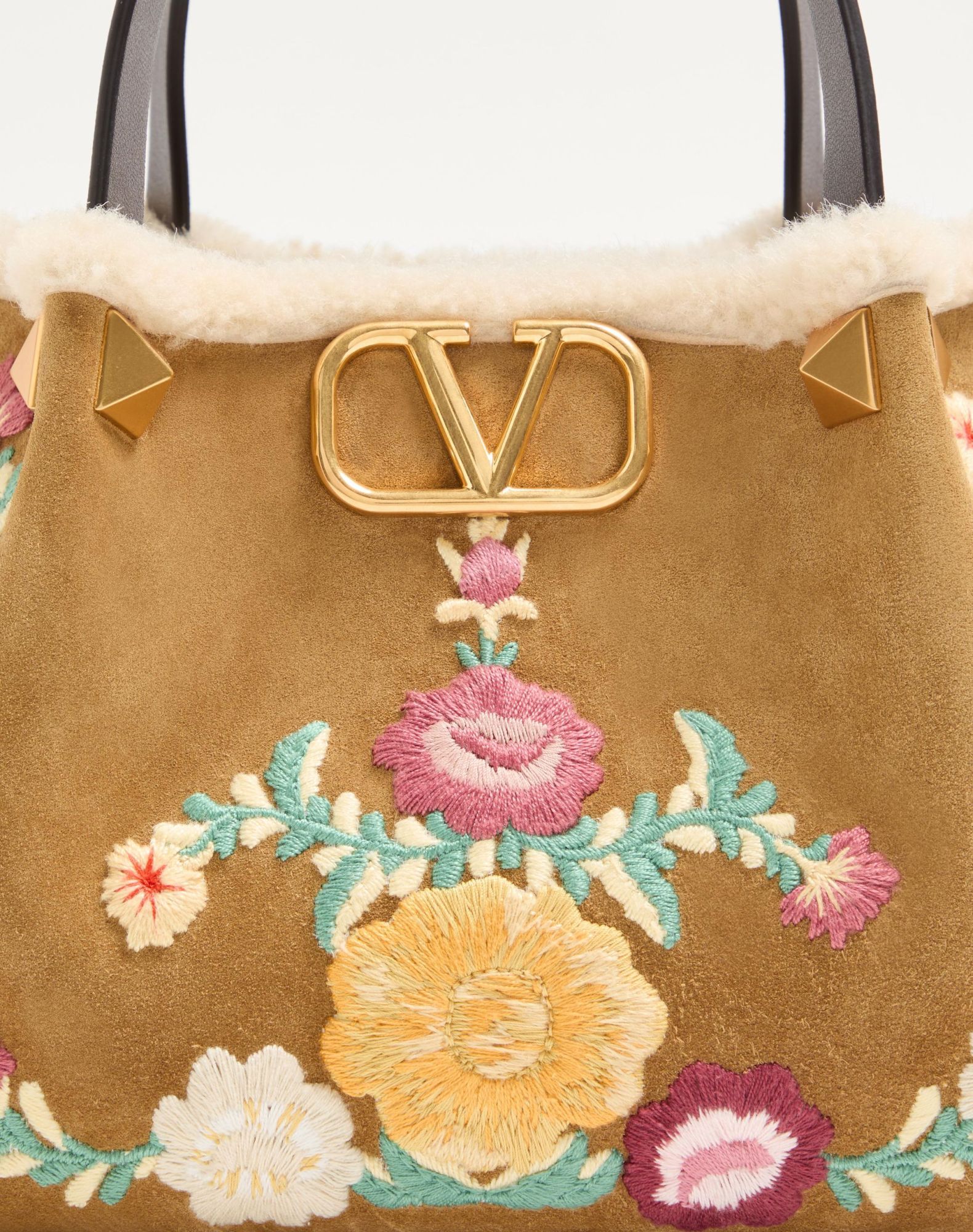 Valentino Small Embroidered-flowers Suede Tote Bag In Brown