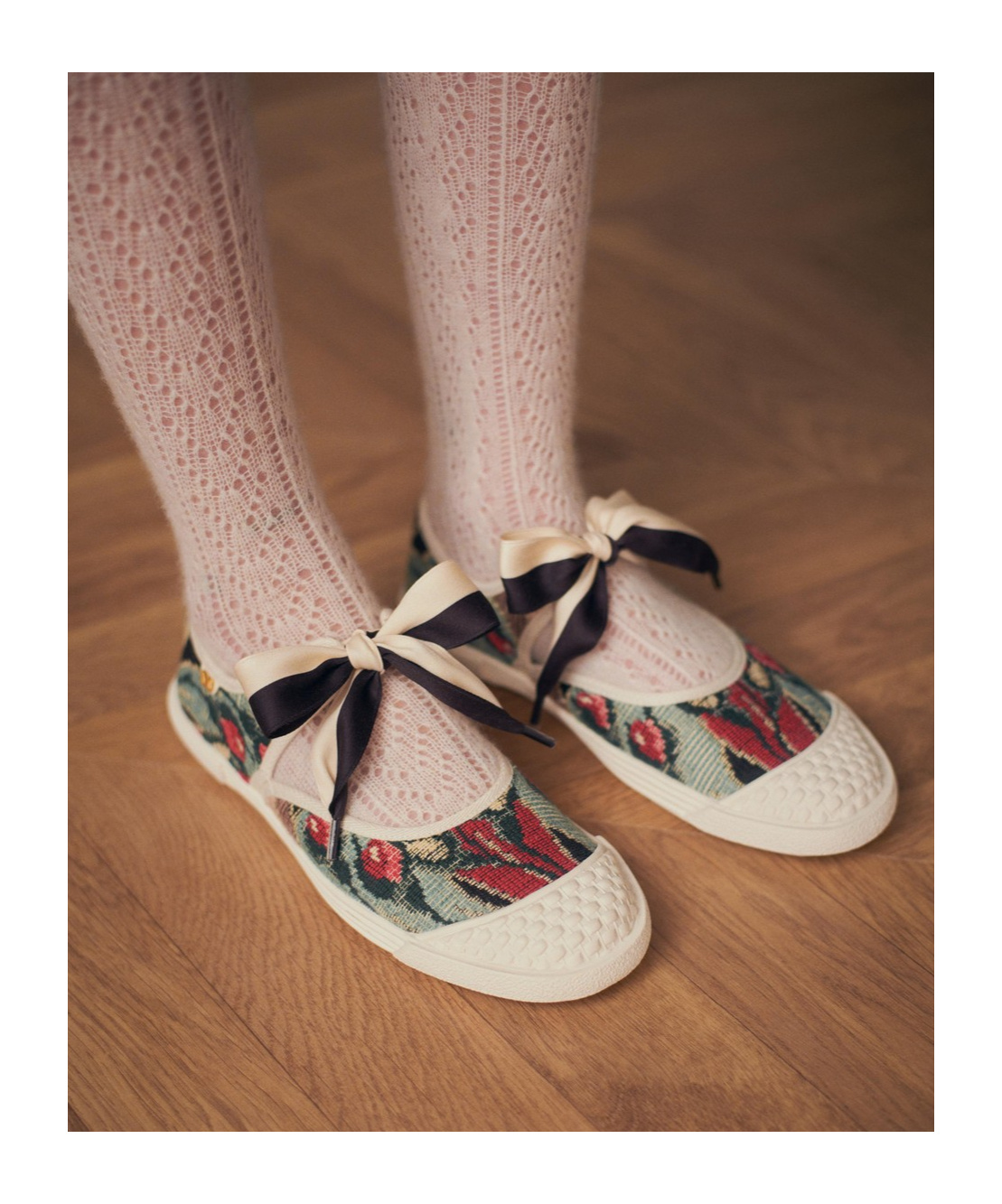 Valentino Bay By Bay Ballerina Trainer In Jacquard Fabric With Floral Embroidery In Multicolor