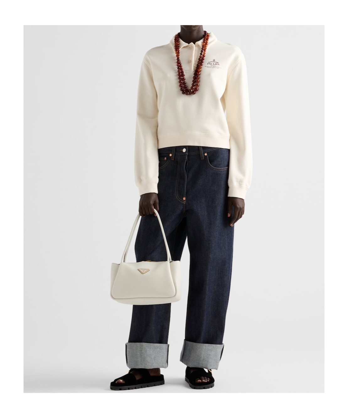 Prada Logo-embroidered Long-sleeved Polo Shirt In White