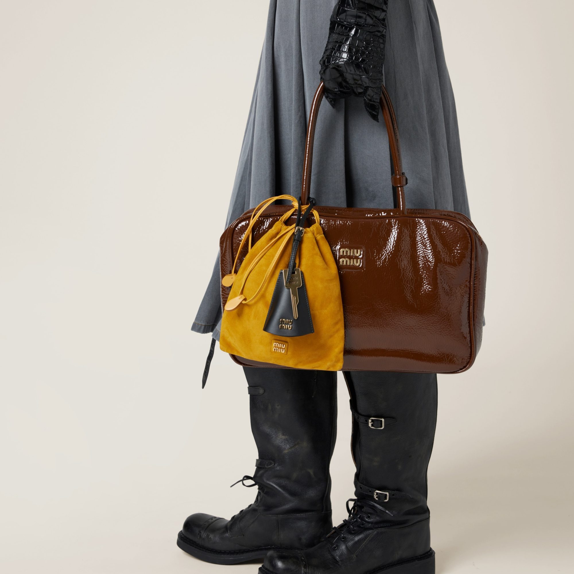 Miu Miu Beau Naplak Patent Leather Bag In Brown