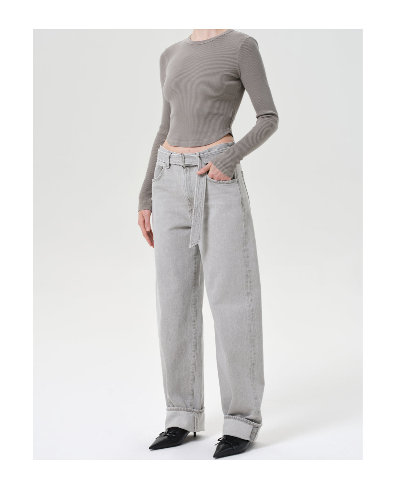 Agolde Long-sleeved Ribbed T-shirt In Gray