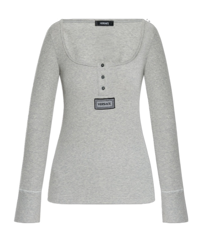 Versace Logo Tag Long-sleeved Ribbed Top In Gray