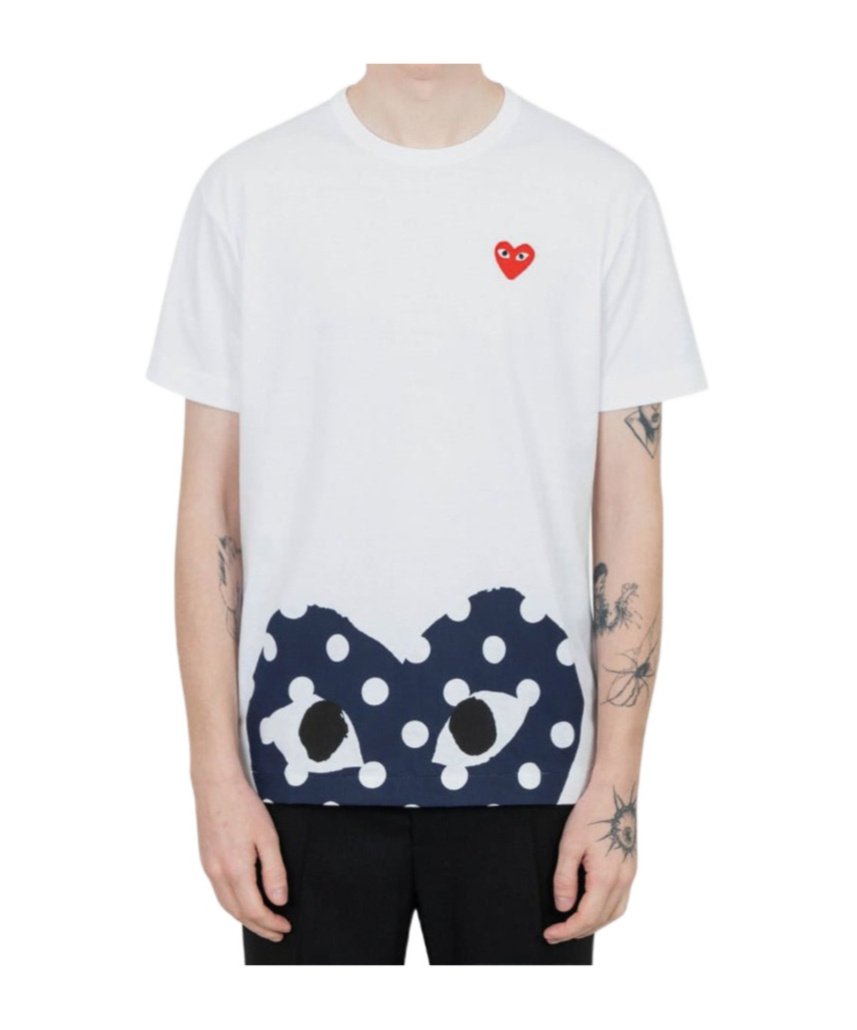 Comme Des Garçons Play Comme Des Garcons Play Blue Polka Dots Pattern Short Sleeve White