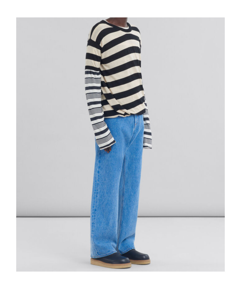 Shop Marni Black And White Layered Cotton Crew-neck With Contrast Stripes
