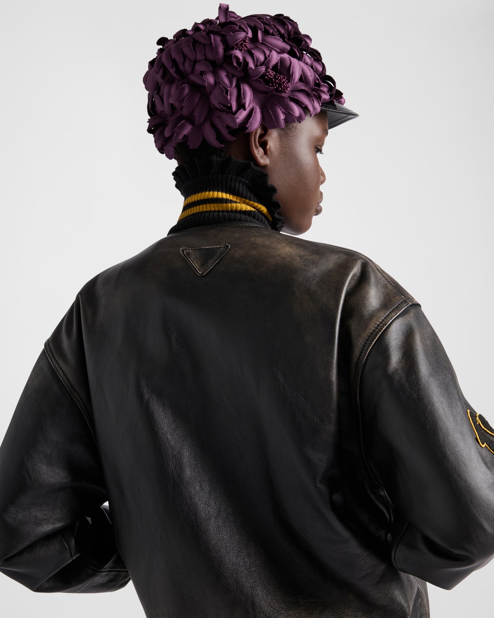 Prada Leather Bomber Jacket With Patch In Black