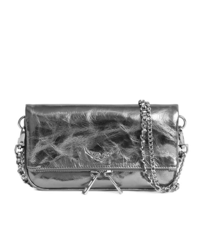 Zadig & Voltaire Rock Nano Vintage Effect Metallic Leather Clutch In Gray