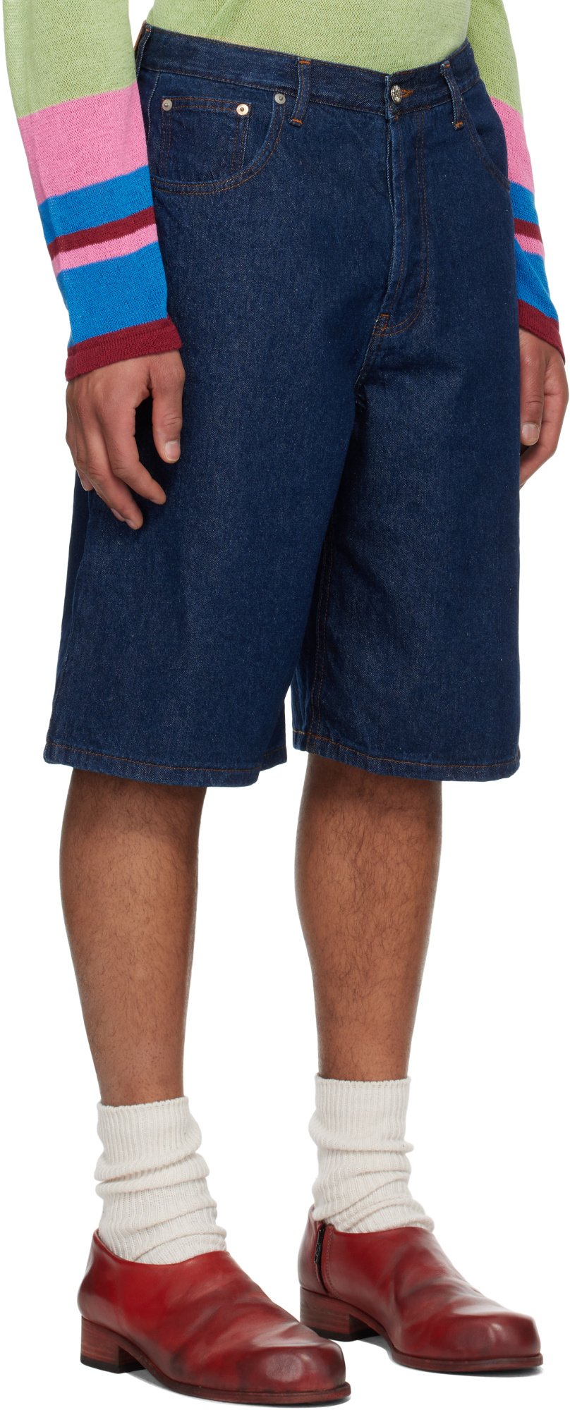 Edward Cuming Indigo Lightweight Denim Circle Window Shorts In Blue