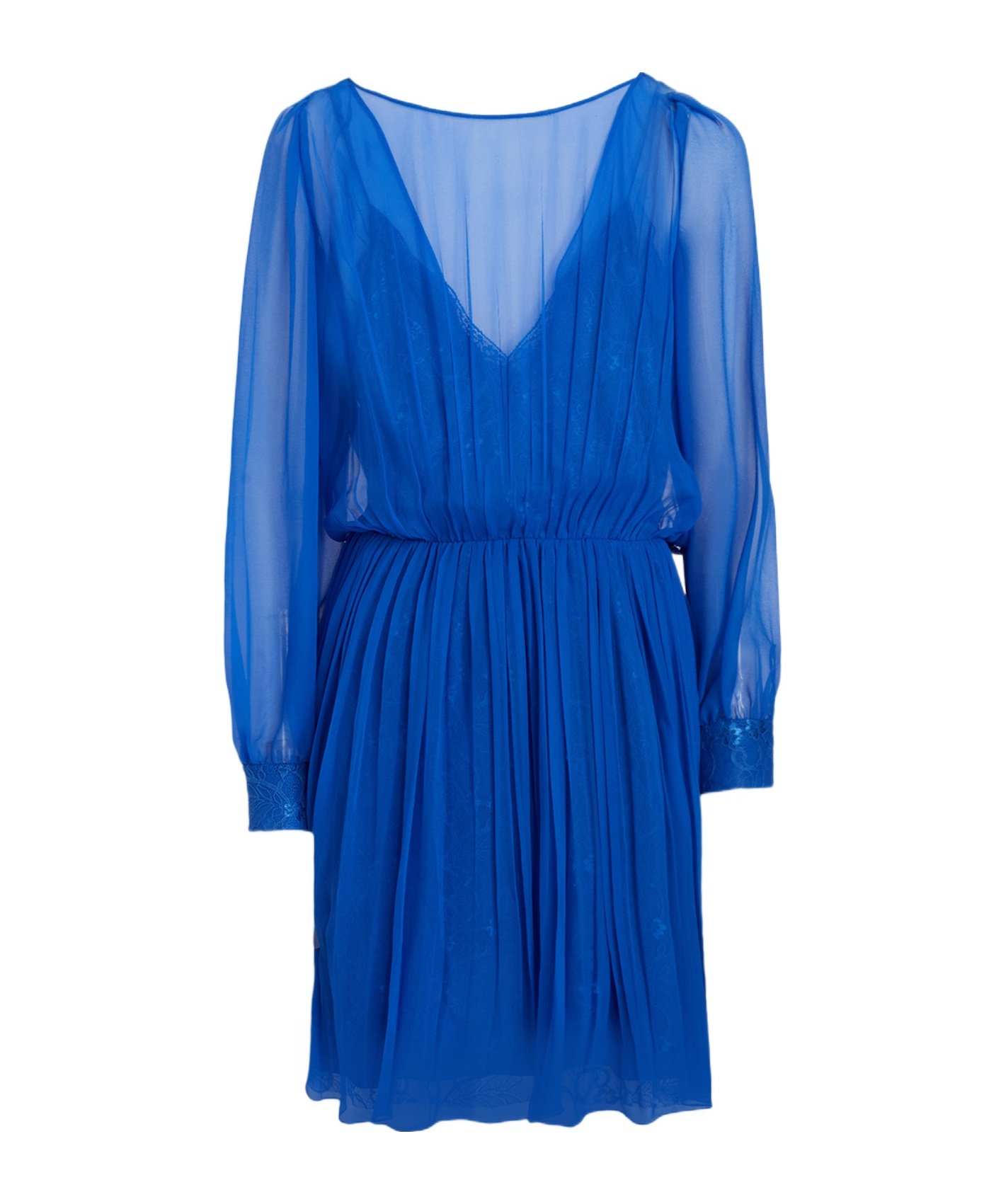 Alberta Ferretti Lace Detailed Pleated Sheer V-neck Dress