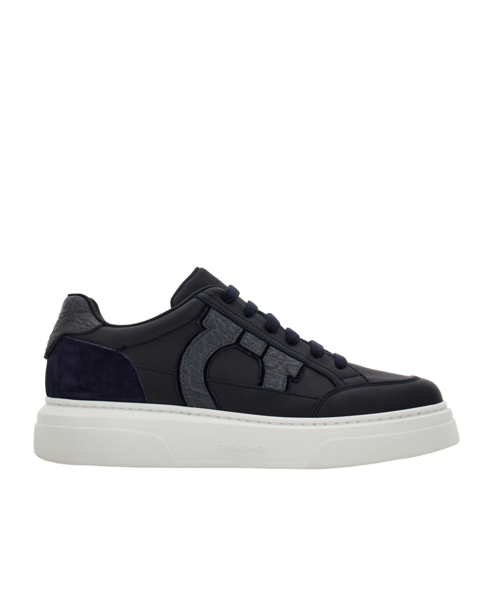Ferragamo Low Top Sneaker With Gancini Ornament In Black