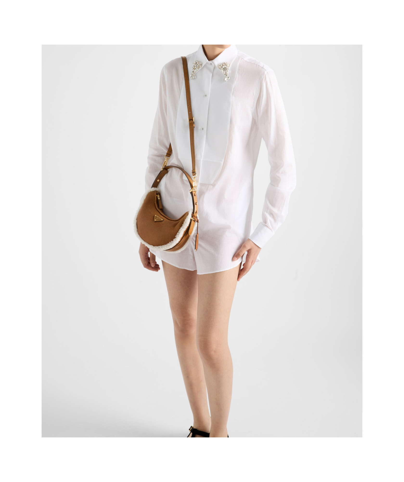Prada Small Shearling Shoulder Bag In Brown