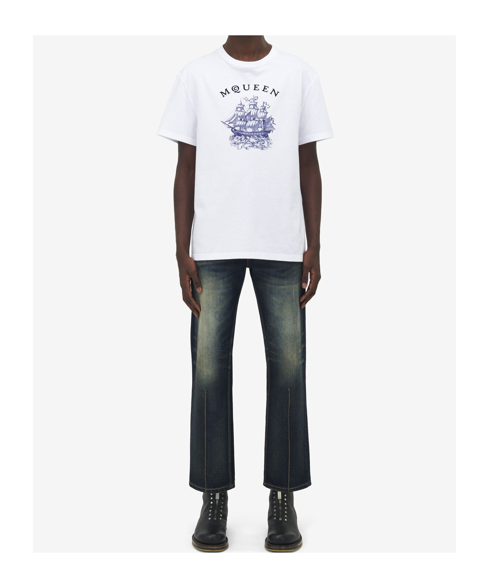 Alexander Mcqueen White Crewneck T-shirt With Logo Print On The Front In Cotton Man In White