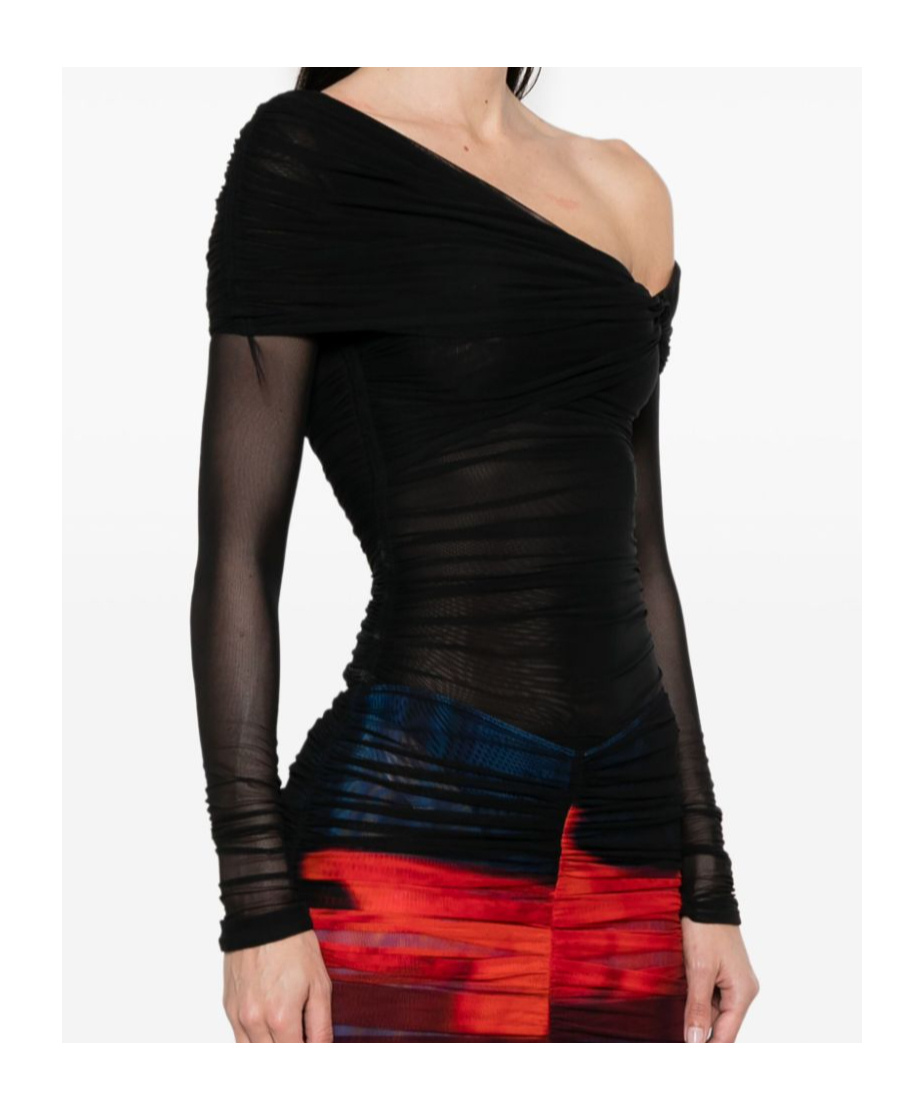 Mugler Black Off-shoulder Ruched Bodysuit In Black