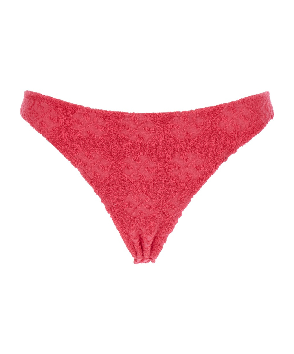 Tory Burch Terry Pink Bikini Bottoms With All-over Logo Embroidery In Cotton Blend Stretch Woman In Red