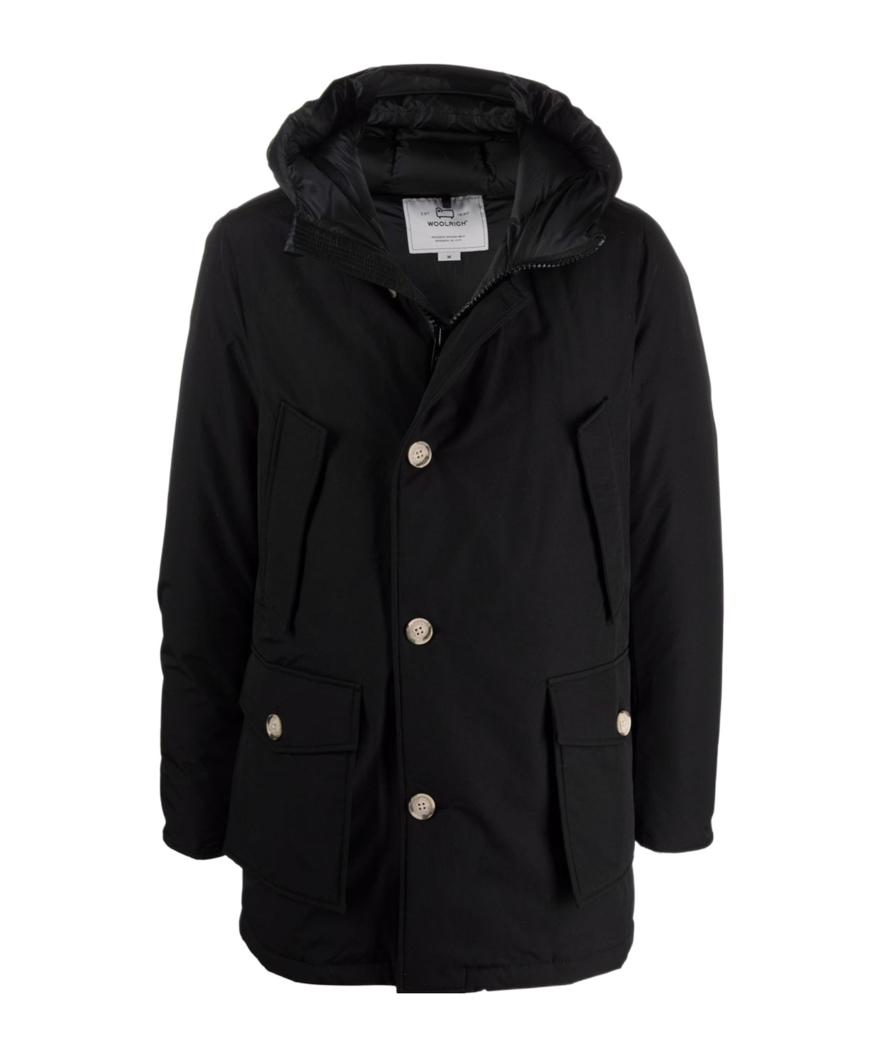 Woolrich Button-up Padded Hooded Coat In Black