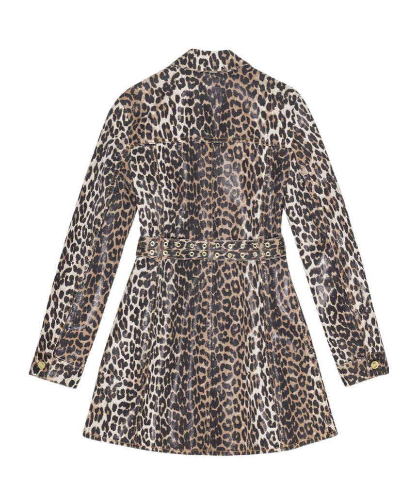 Ganni Foil Print Denim Dress In Leopard In Black
