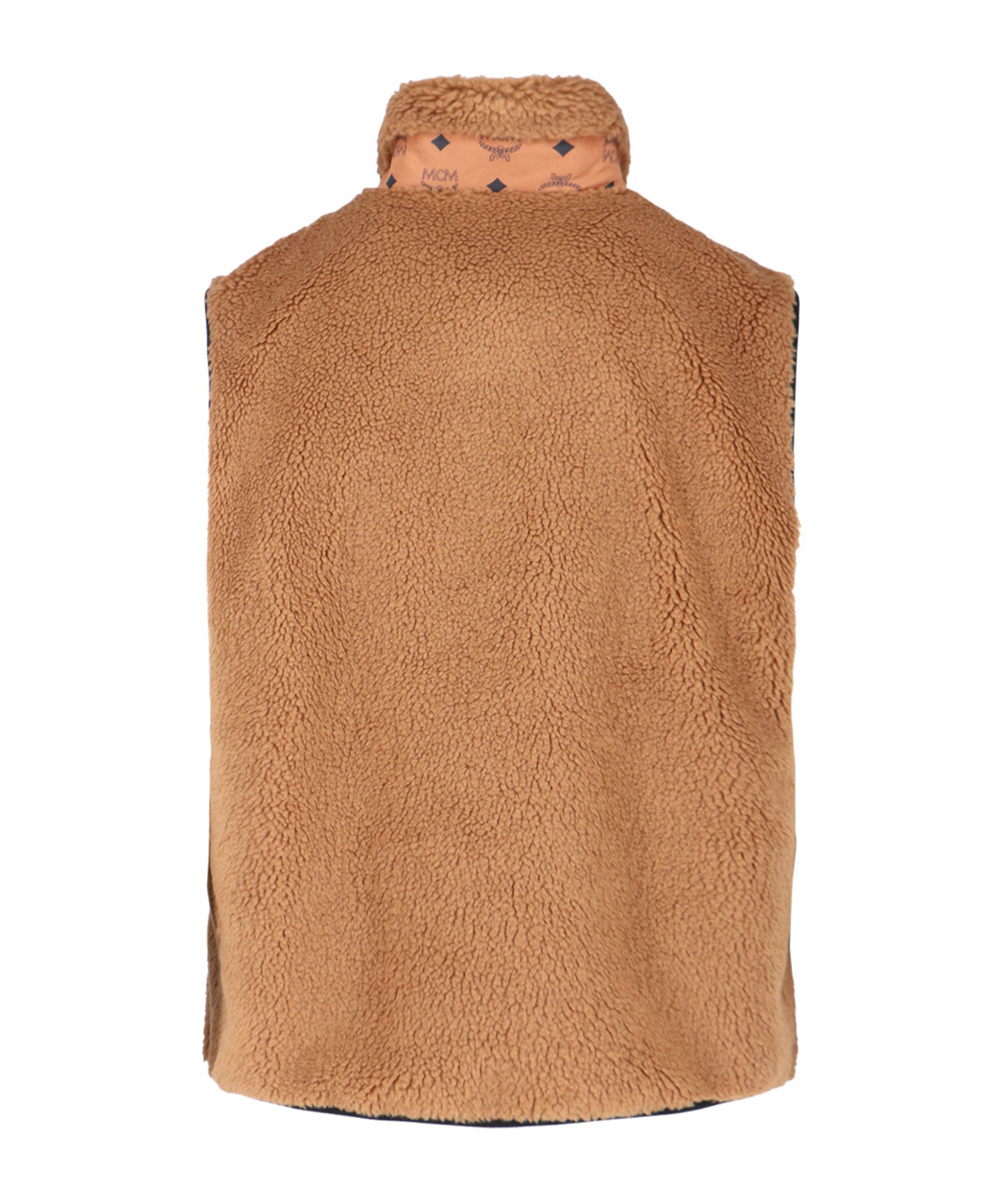 Mcm Shearling Sleeveless High Collar Jacket Side Pockets In Brown