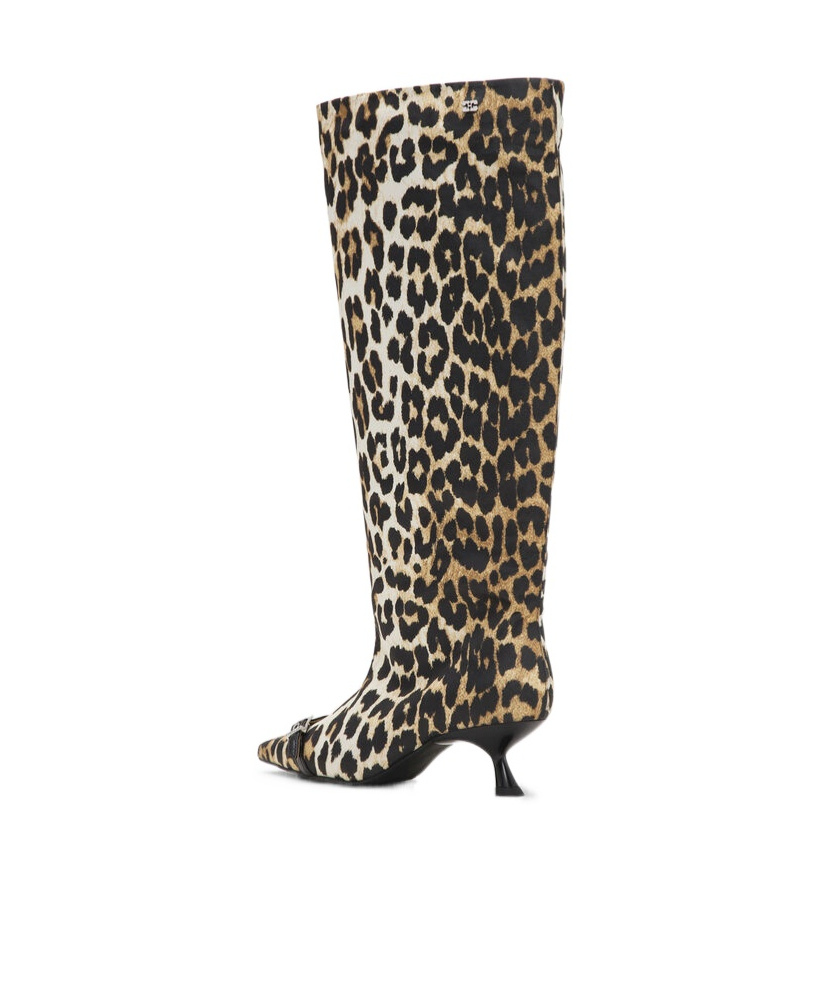 Ganni Slouchy Pointed Toe Kitten Heel Knee High Boot In Animal Print
