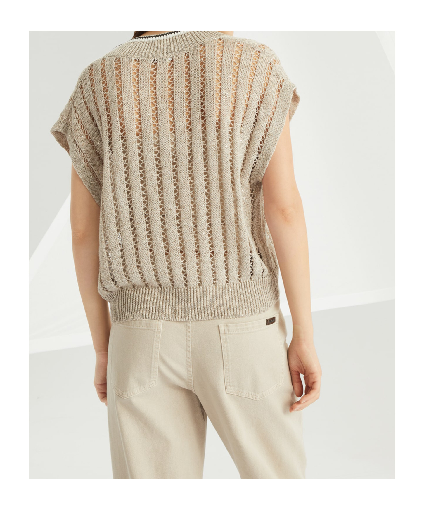 Brunello Cucinelli Women Dazzling Ribbed Net Knitted T-shirt In Linen In Nude